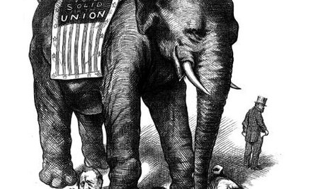 Słoń stał się symbolem republikanów za sprawą Thomasa Nasta. Tu, na rysunku z 1876 roku, zwierz miaż
