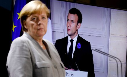 Niemcy i Francja (na zdj. kanclerz Merkel i prezydent Macron) w tej sprawie stoją po stronie Ameryki