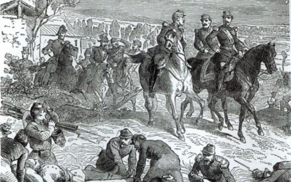 Napoleon III na pobojowisku pod Solferino, litografia z epoki