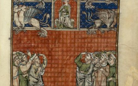 "Wniebowzięcie Aleksandra Wielkiego", półn. Francja, ok. 1290-1300. Farba i złote płatki na pergamin