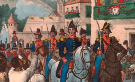 Bolivar triumfalnie wkracza do Caracas, rycina XIX w.