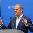 Premier Donald Tusk podczas konferencji prasowej w siedzibie KPRM w Warszawie