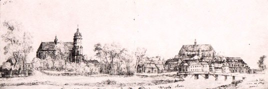 Most Królewski (Stradomski) – rycina Józefa Brodowskiego z 1820 r. Widok na Kazimierz: widoczne kośc