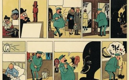 Strona z komiksu „Przygody Tintina. Pęknięte ucho” z 1956 roku. Kolekcja Studio Hergé.