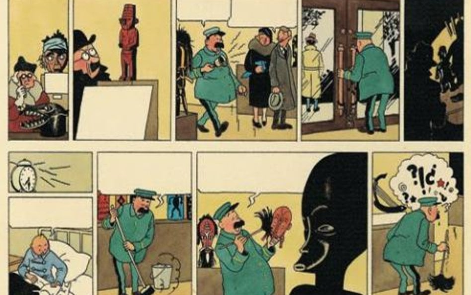 Strona z komiksu „Przygody Tintina. Pęknięte ucho” z 1956 roku. Kolekcja Studio Hergé.