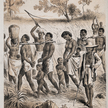 Litografia z ok. 1880 r. przedstawiająca grupę afrykańskich mężczyzn, kobiet i dzieci schwytanych i 