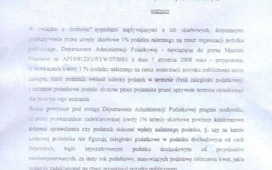 fotokopia oryginału pisma Departamentu Administracji Podatkowej