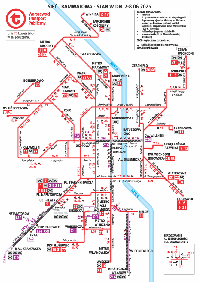 Schemat tras tramwajowych w weekend 7-8 czerwca