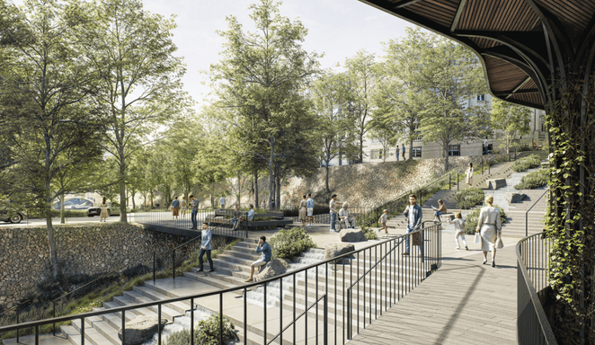 Łagodne schody w dół a w górę winda. To pomysł na zniwelowanie wyoskości skarpy wiślanej