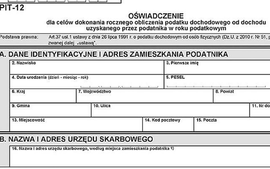 W 2016 r. termin złożenia oświadczenia na druku PIT-12 upływa 11 stycznia