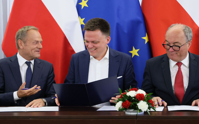 Liderzy Platformy Obywatelskiej, Polski 2050 i Nowej Lewicy - Donald Tusk, Szymon Hołownia i Włodzim