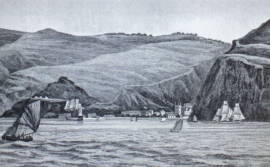 Port na Wyspie Świętej Heleny, ostatnia przystań w życiu Napoleona; rycina z XIX wieku