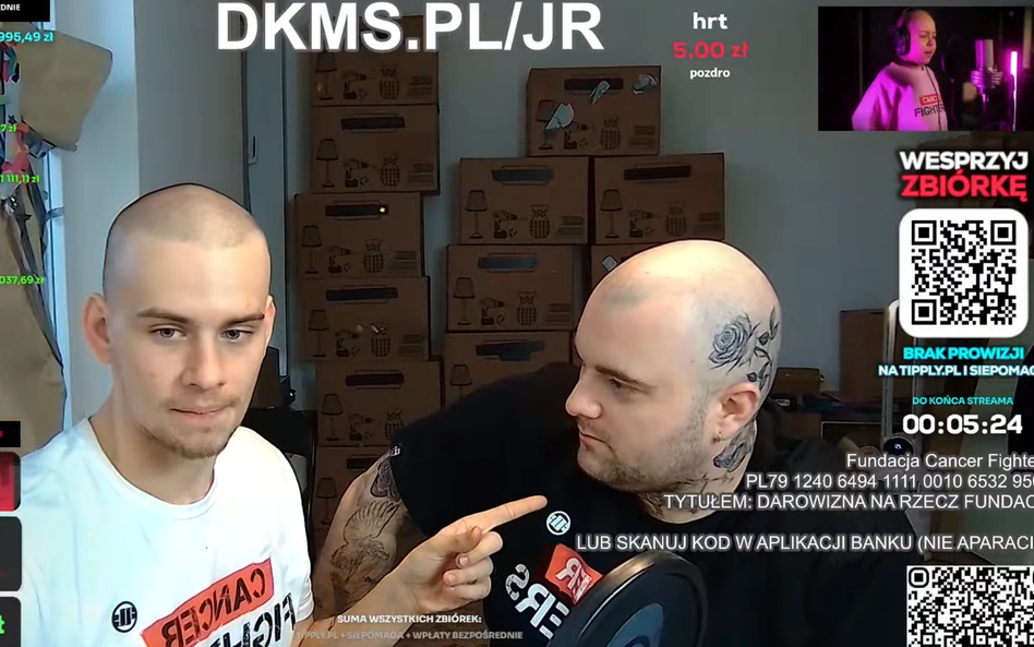 Influencer Piotr „Łatwogang” Garkowski i raper Bedoes 2115 podczas zbiórki na fundację Cancer Fighte