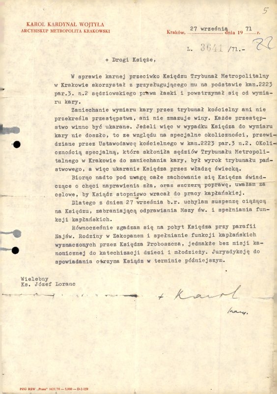 List kardynała Karola Wojtyły do księdza Józefa Loranca