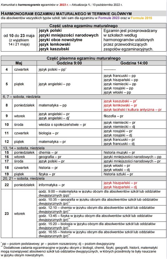 harmonogram matury 2023