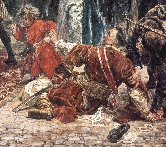 Fragment obrazu Jana Matejki „Konstytucja 3 maja 1791 roku” ukazujący, jak przeciwny reformom poseł 