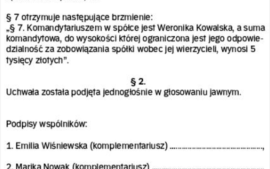 Wzór uchwały ws. zmiany umowy spółki komandytowej