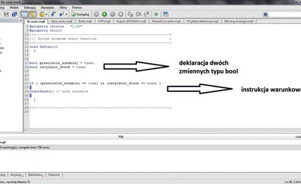 Powyższy obrazek pokazuje okno Meta Editora z przykładowym zastosowaniem instrukcji warunkowej „if”.