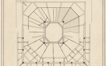 Bóżnica w Olkiennikach, plan konstrukcji górnej, pomiar B. Żywno, 1928, tusz na kalce, Zakład Archit