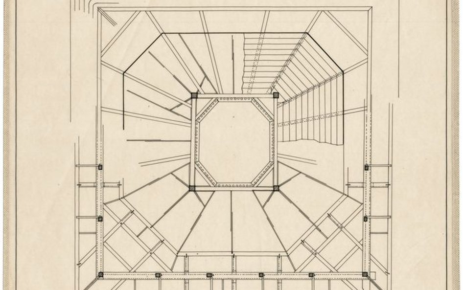 Bóżnica w Olkiennikach, plan konstrukcji górnej, pomiar B. Żywno, 1928, tusz na kalce, Zakład Archit