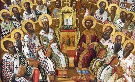 Sobór nicejski. Ikona Michaela Damaskenosa z XVI wieku. Wykonana dla klasztoru Wrontisi﻿ [w innych j