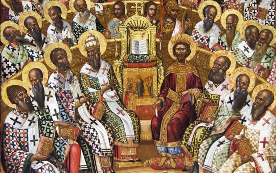 Sobór nicejski. Ikona Michaela Damaskenosa z XVI wieku. Wykonana dla klasztoru Wrontisi﻿ [w innych j