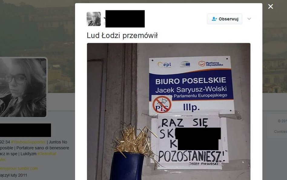 Obraźliwe hasło przed biurem Saryusz-Wolskiego