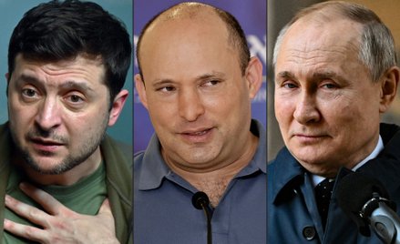 Prezydent Ukrainy Wołodymyr Zełenski, premier Izraela Naftali Bennett i rządzący Rosją Władimir Puti