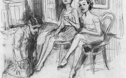 Dwie kobiety siedzące na krzesłach i klęczący przed nimi mężczyzna (autoportret), rys. B. Schulz, oł