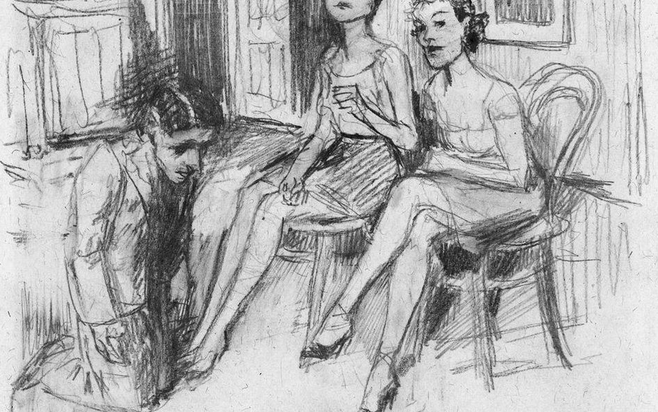 Dwie kobiety siedzące na krzesłach i klęczący przed nimi mężczyzna (autoportret), rys. B. Schulz, oł