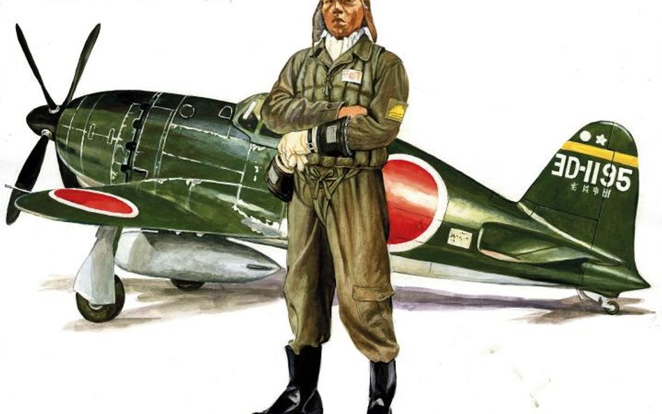 Japoński pilot morski przy myśliwcu Mitsubishi J2M3 „Raiden” (Jack)