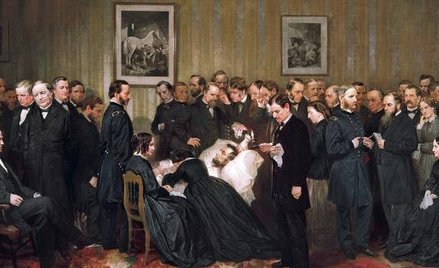 Prezydent Abraham Lincoln na łożu śmierci w pensjonacie Williama Petersena, do którego został po zam