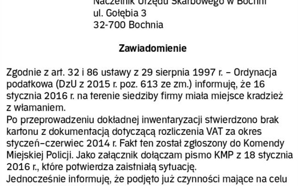 WZÓR zawiadomienia o utracie dokumentów