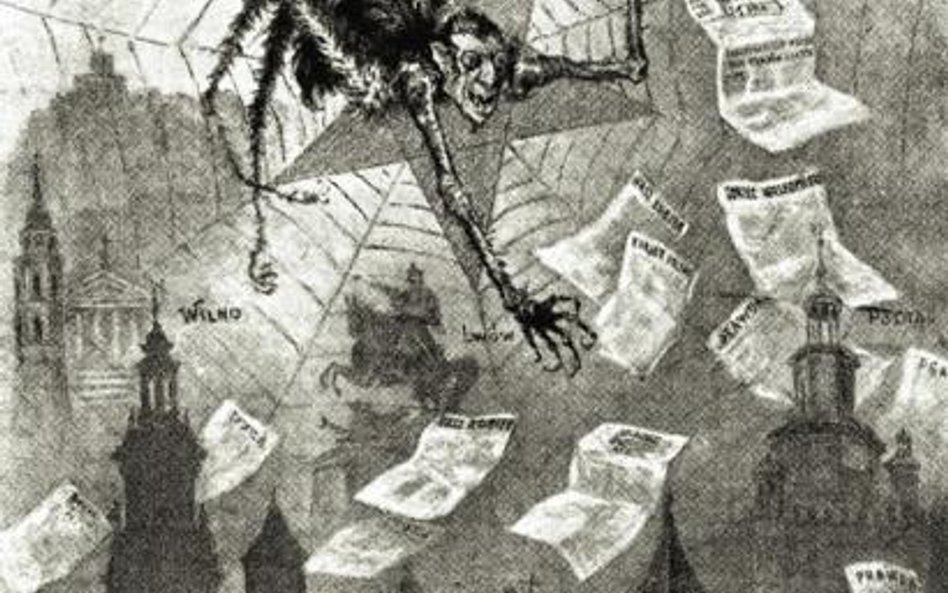 Antysemicka propaganda oskarżała Żydów o zniewalanie umysłów za pośrednictwem prasy. Na pocztówce w 
