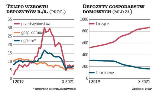 W 2021 r. tempo wzrostu depozytów sektora niefinansowego nie było już tak wielkie jak w 2020 r., gdy