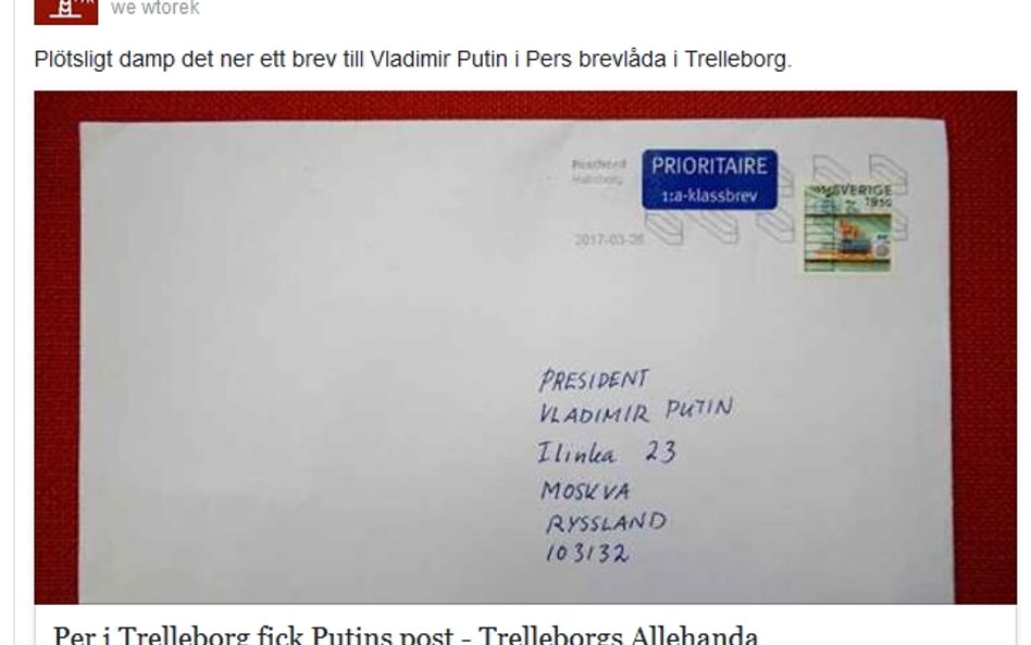 Szwed znalazł w swojej skrzynce pocztowej list do Putina