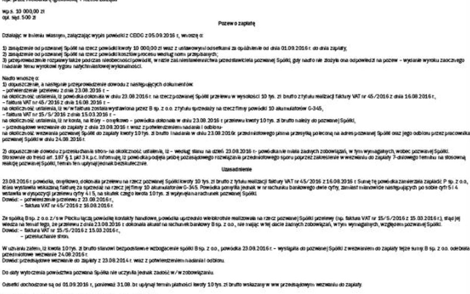 Wzór pozwu o zwrot bezpodstawnie uzyskanej korzyści majątkowej