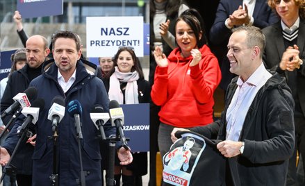 Od lewej:  prezydent stolicy Rafał Trzaskowski oraz prezydent elekt  Karol Nawrocki w czasie kampani