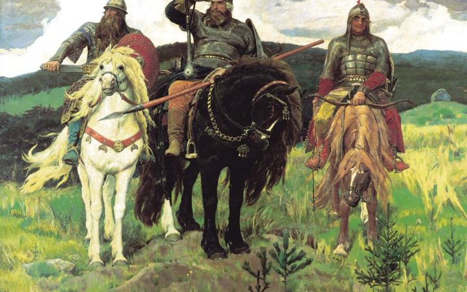 „Mocarze” (1898 r.) Wiktora Wasniecowa. Od lewej: Dobrynia Nikitycz, Ilja Muromiec i Alosza Popowicz