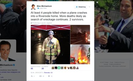 USA: Samolot spadł na domy w Riverside, cztery osoby nie żyją