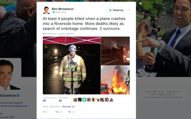 USA: Samolot spadł na domy w Riverside, cztery osoby nie żyją