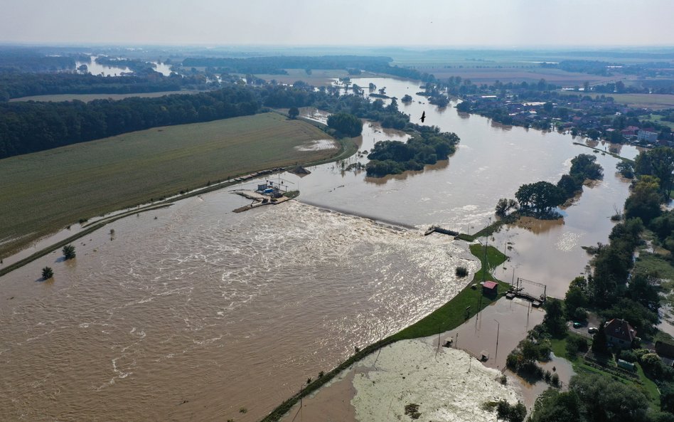 Na zdjęciu z drona fala kulminacyjna na Odrze w Oławie (woj. dolnośląskie)