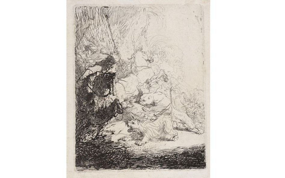 Rembrandt van Rijn (1606–1669) Małe polowanie na lwy (z dwoma lwami) ok. 1629 akwaforta © Muzeum Nar