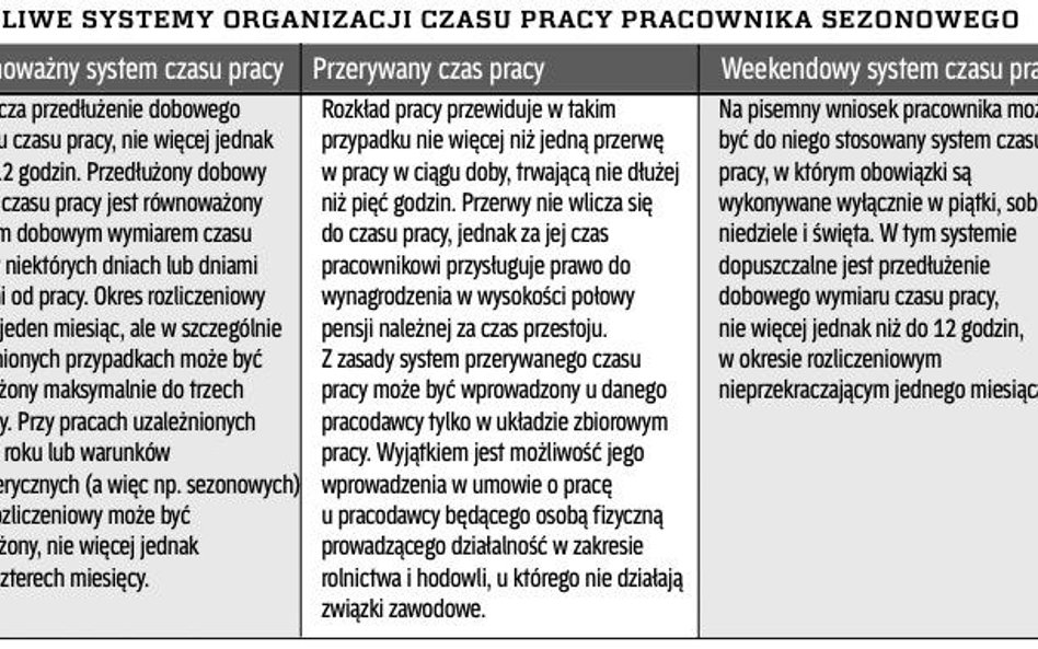 Możliwe systemy organizacji czasu pracy pracownika sezonowego