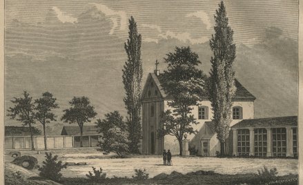 Dawny kościół na cmentarzu Świętokrzyskim w Warszawie. Rytografia Julii Krajewskiej z 1886 r.