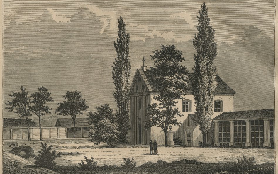 Dawny kościół na cmentarzu Świętokrzyskim w Warszawie. Rytografia Julii Krajewskiej z 1886 r.