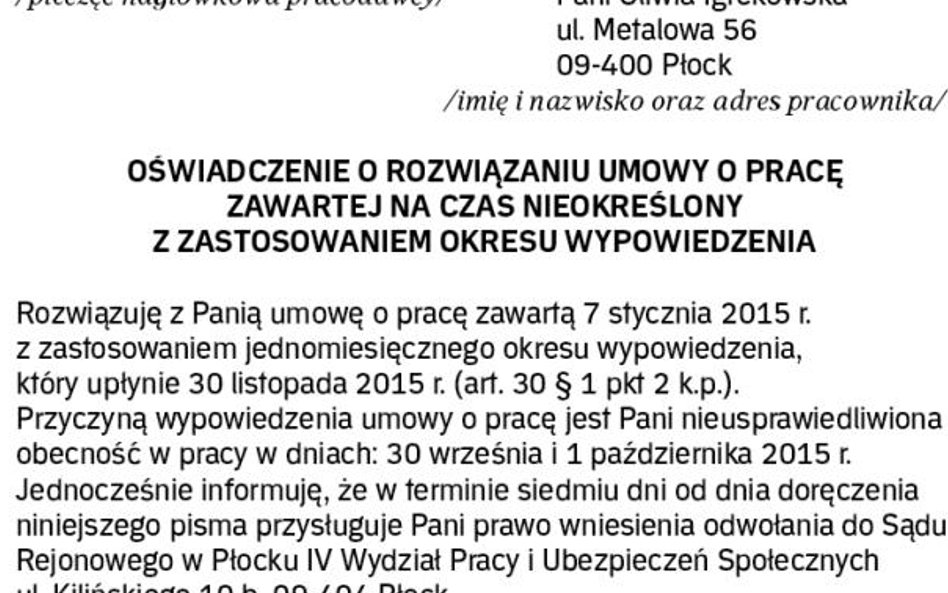 Przykład oświadczenia pracodawcy o rozwiązaniu bezterminowego angażu z zastosowaniem okresu wypowied