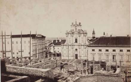 Karol Beyer. Widok z murów kamienicy Beyera, budowanej na rogu Krakowskiego Przedmieścia i Królewski