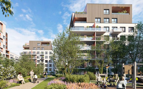 Projektanci przewidzieli dużo zielonych przestrzeni wspólnych, któe dostępne będą także dla osób pos