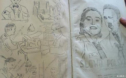 Zabawne rysunki ilustrujące pracę zespołu redagującego czasopismo „Słowo Polskie”.